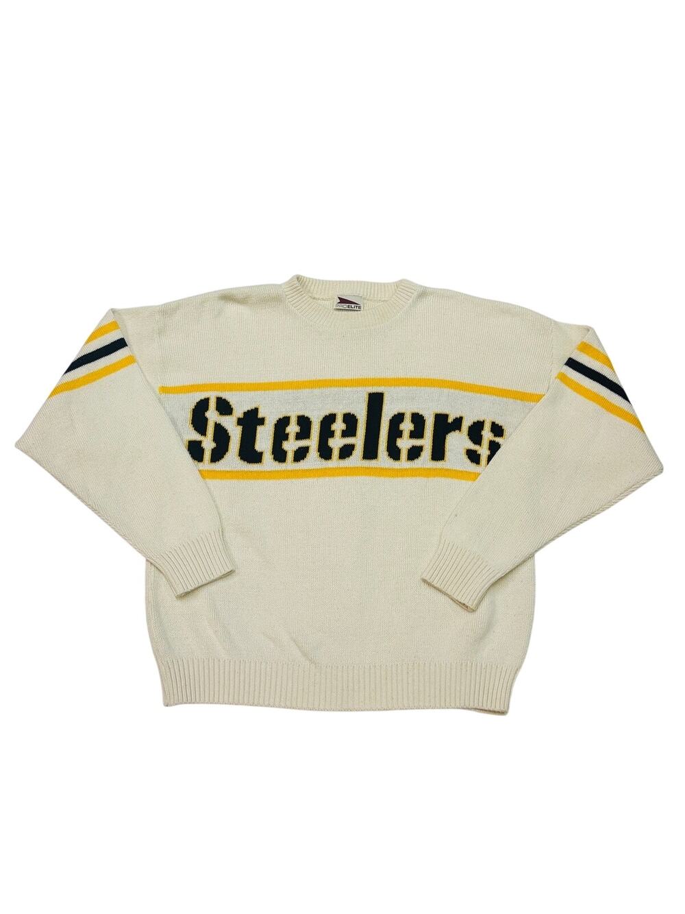 Vtg Pittsburg Steelers Sweater Mens Large Cream Knit Crew Neck NFL Football USA